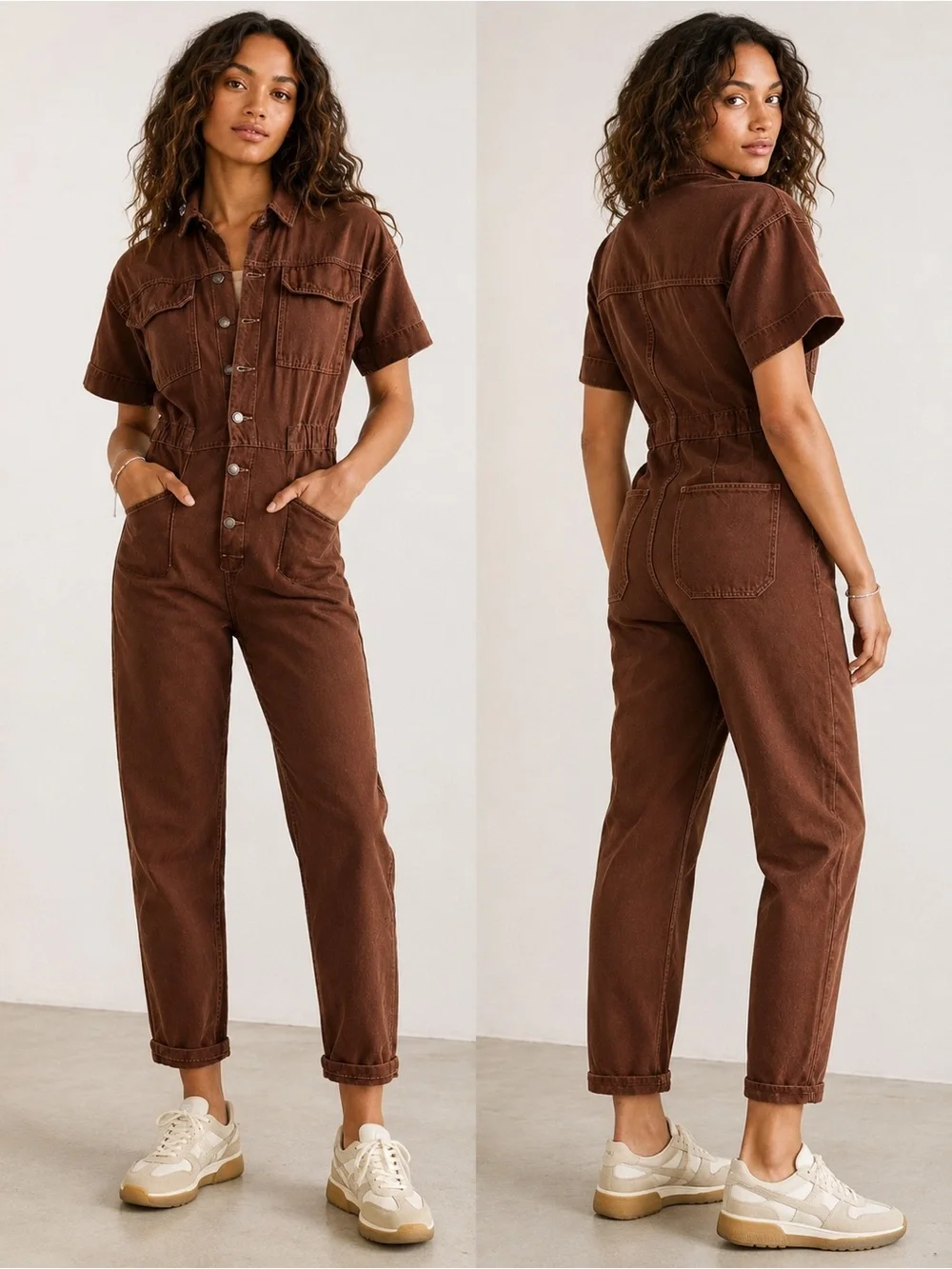 Free People Marci Coverall Utility Jumpsuit Brown Cotton Workwear Cargo Large